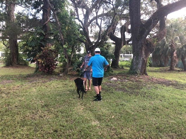 2 Residents with a dog near a large tree at the site of the future 3699/3701 SW 1st Avenue Mini Park