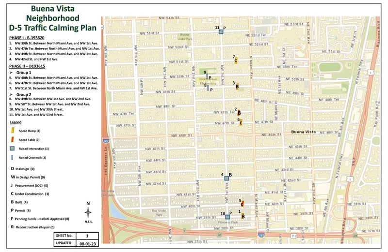 A street map showing the location of the speed humps being built in the Buena Vista Neighborhood of District 5