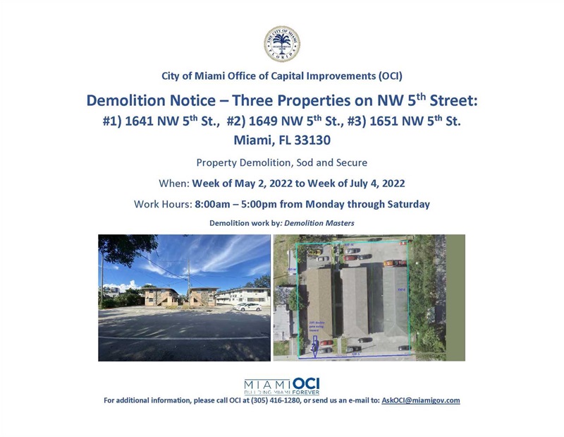English Demolition Flyer For 3 Properties in District 3, 1614 NW 5 Street, 1649 NW 5 Street and 1651 NW 5 Street