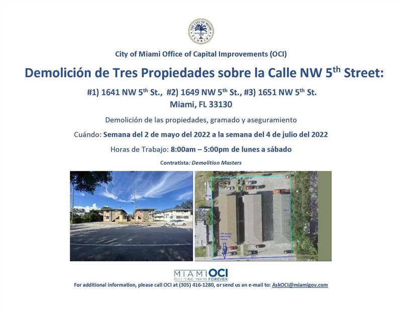 Spanish Demolition Flyer For 3 Properties in District 3, 1614 NW 5 Street, 1649 NW 5 Street and 1651 NW 5 Street