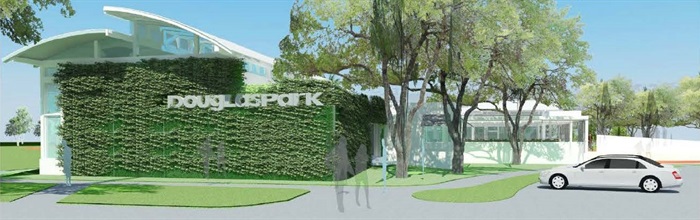 Rendering of the New Douglas Park Community Center with car parked in front of the building and the words 