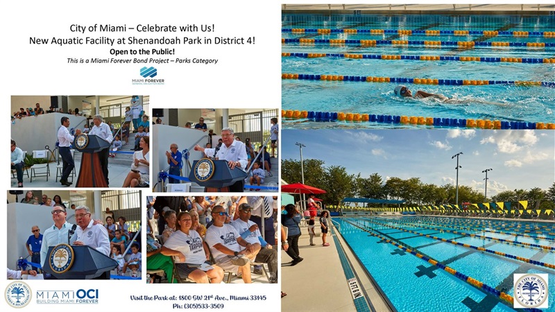 Images of Mayor Francis Suarez, City Manager Art Noriega, and Commissioner Manolo Reyes at the New Shenandoah Pool Grand Opening. There are also images of a swimmer in the new pool and the new pool.