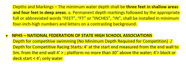 Depths and Markings - The minimum water depth shall be three feet in shallow areas and four feet in deep areas. NFHS - National Federation of State High School Associations Depth for competitive swimming (no Minimum Depth Required for Competition) 