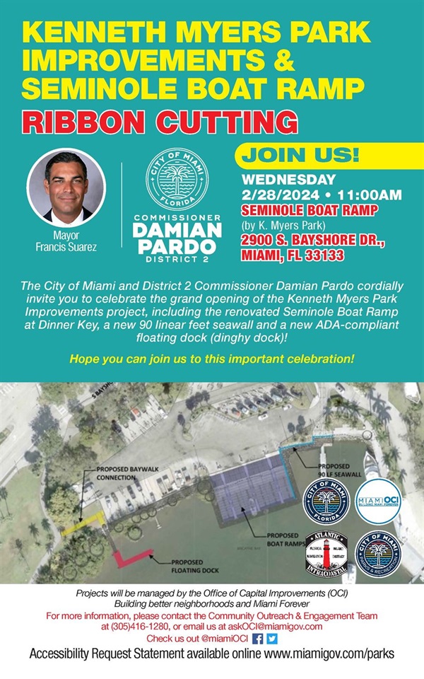 Flyer for the Kenneth Myers Park Ribbon Cutting Ceremony 2/28/24 at 11am
