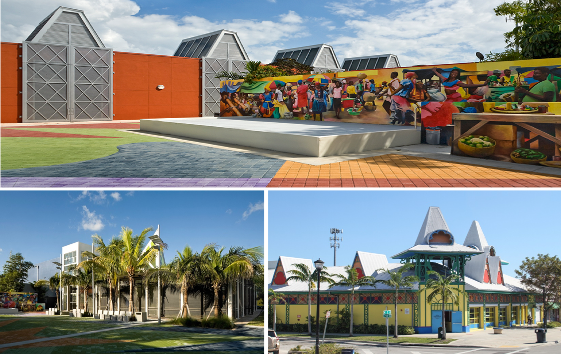 A building with a colorful courtyard and the caribbean marketplace