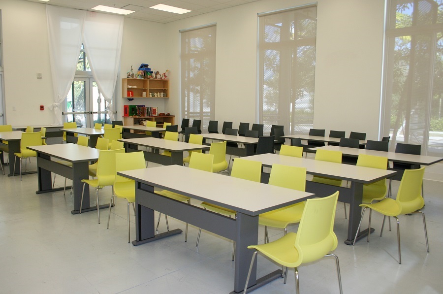 classroom with tables and chairs