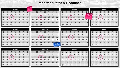 Image of a yearly calendar with the title important dates and deadlines