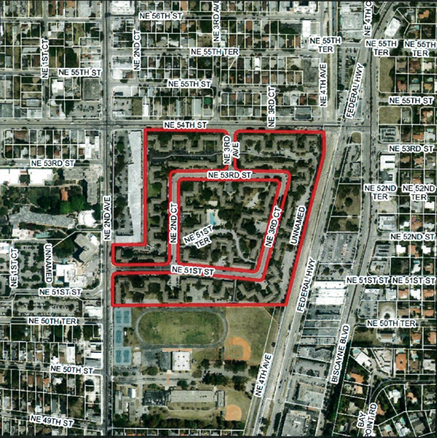 Map Depicts Current Site of Sabal Palm including boundaries. NE 54th St, Federal Highway, and NE 2nd Ave are the boundaries. Streets inside of Sabal Palm includes NE 3rd Ave, NE 53rd ST, NE 2nd CT, NE 51 ST, NE 3rd Ct, and NE 51ST Ter. 