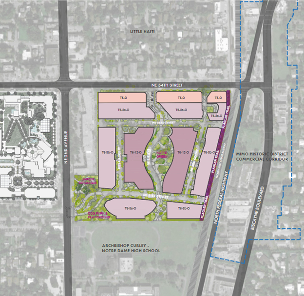 Map of Sabal Palm depicting the various Zoning. Boundaries include NE 2nd Ave, NE 54th ST, North Federal Highway and Archbishop Curly Notre Dame High School. 