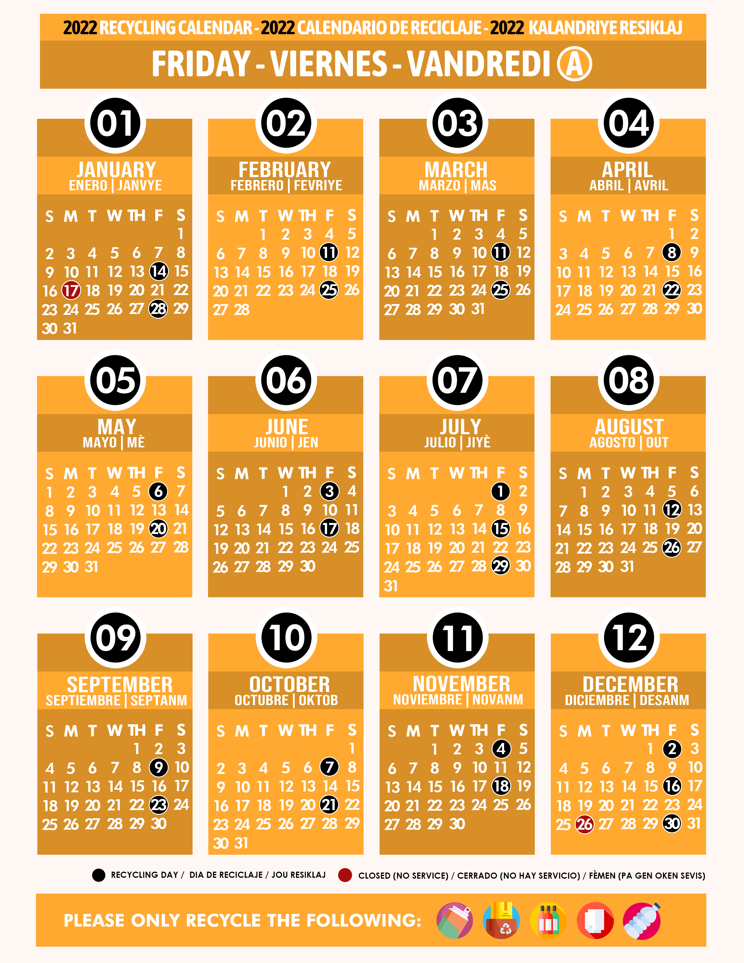 Orange County 2022 Calendar Recycling Calendar 2022 Friday A Orange - Miami