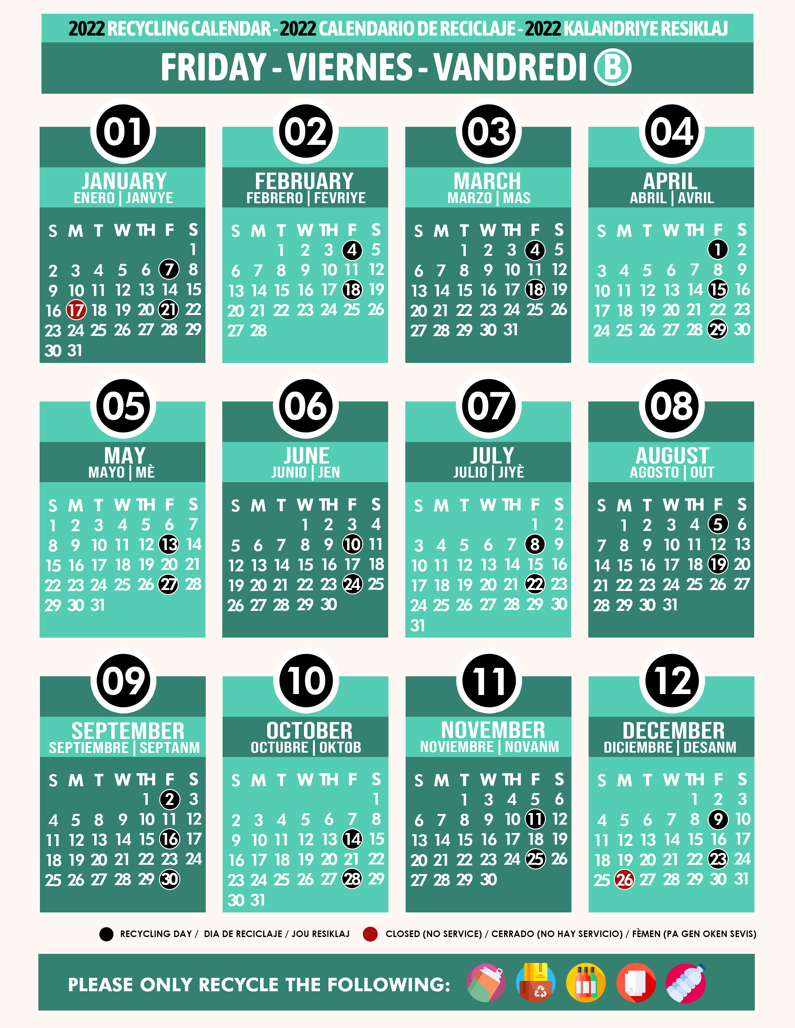 Miami Dade Recycling Schedule 2022 Recycling Calendar 2022 Friday B Teal - Miami