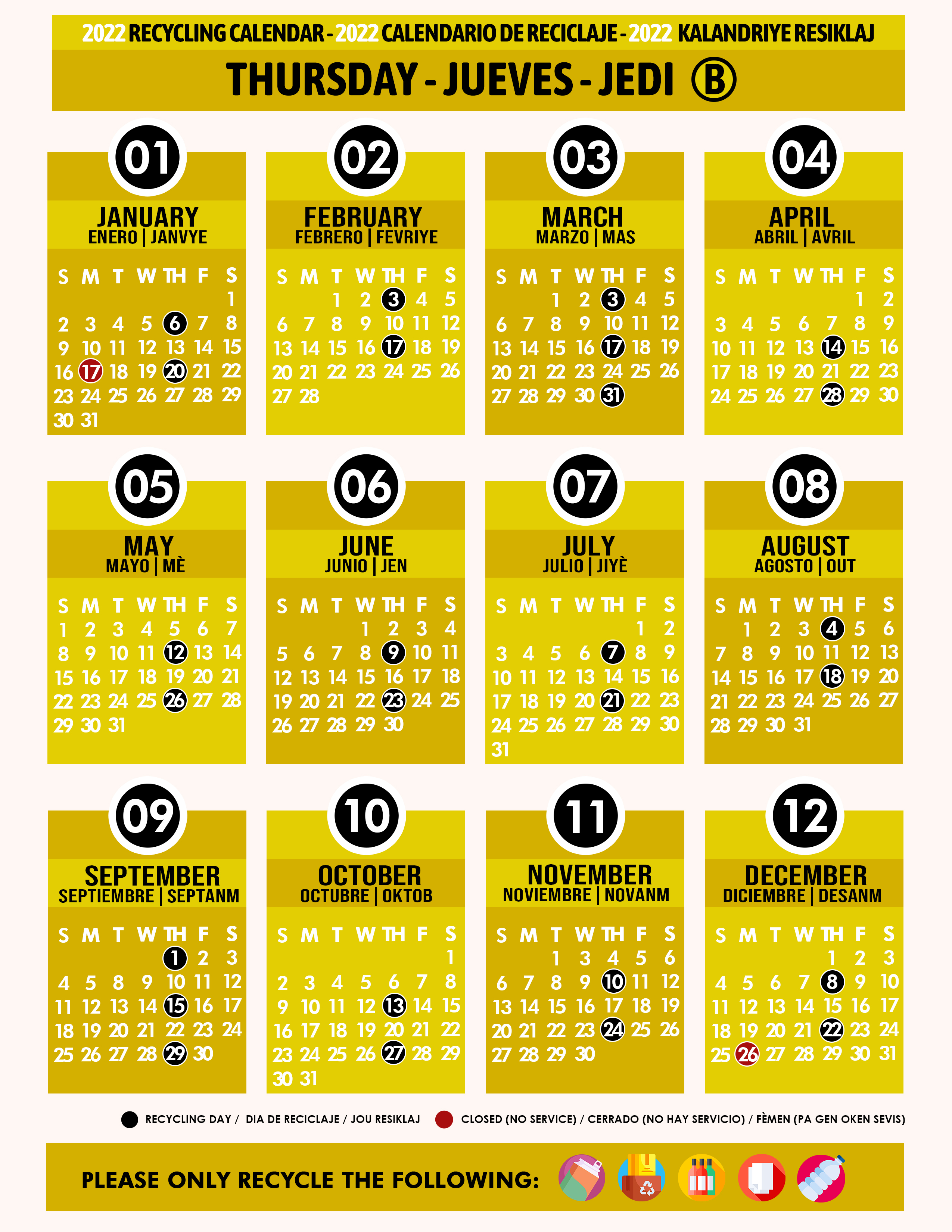 Miami Dade Recycling Calendar 2022 Recycling Calendar 2022 Thursday B Yellow - Miami