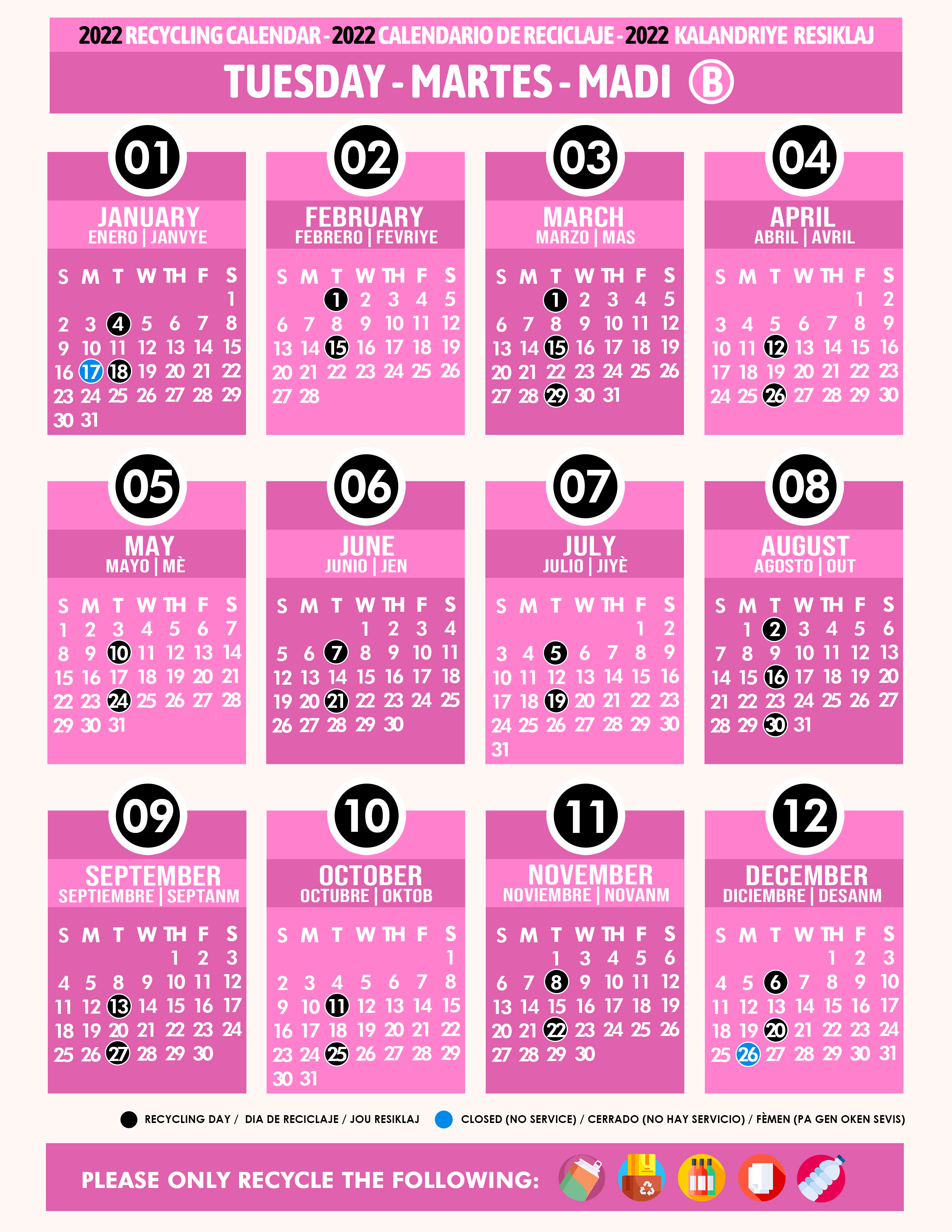 Miami Dade Recycling Calendar 2022 Recycling Calendar 2022 Tuesday B Pink - Miami