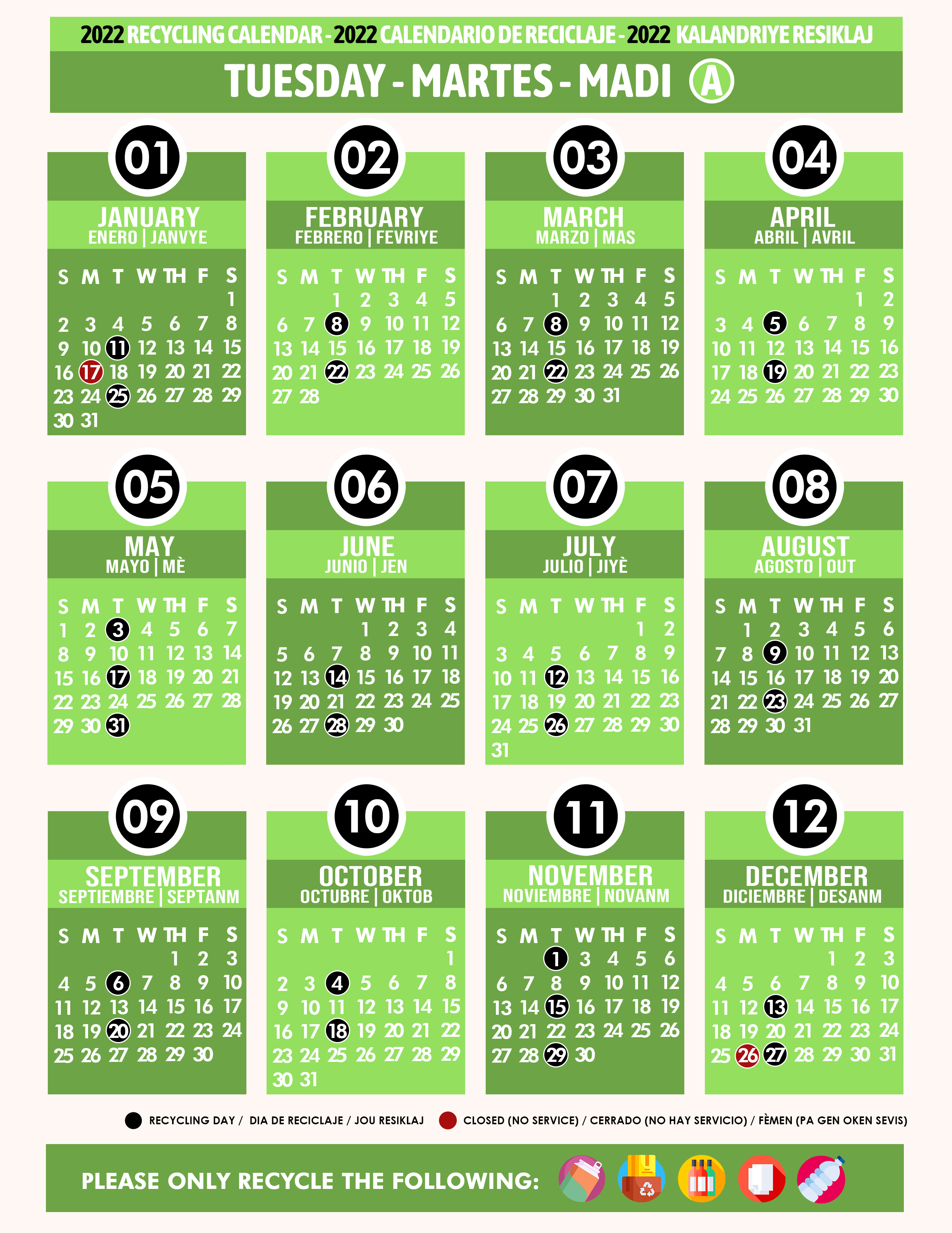 Miami Dade Recycling Schedule 2022 Recycling Calendar 2022 Tuesday A Green - Miami