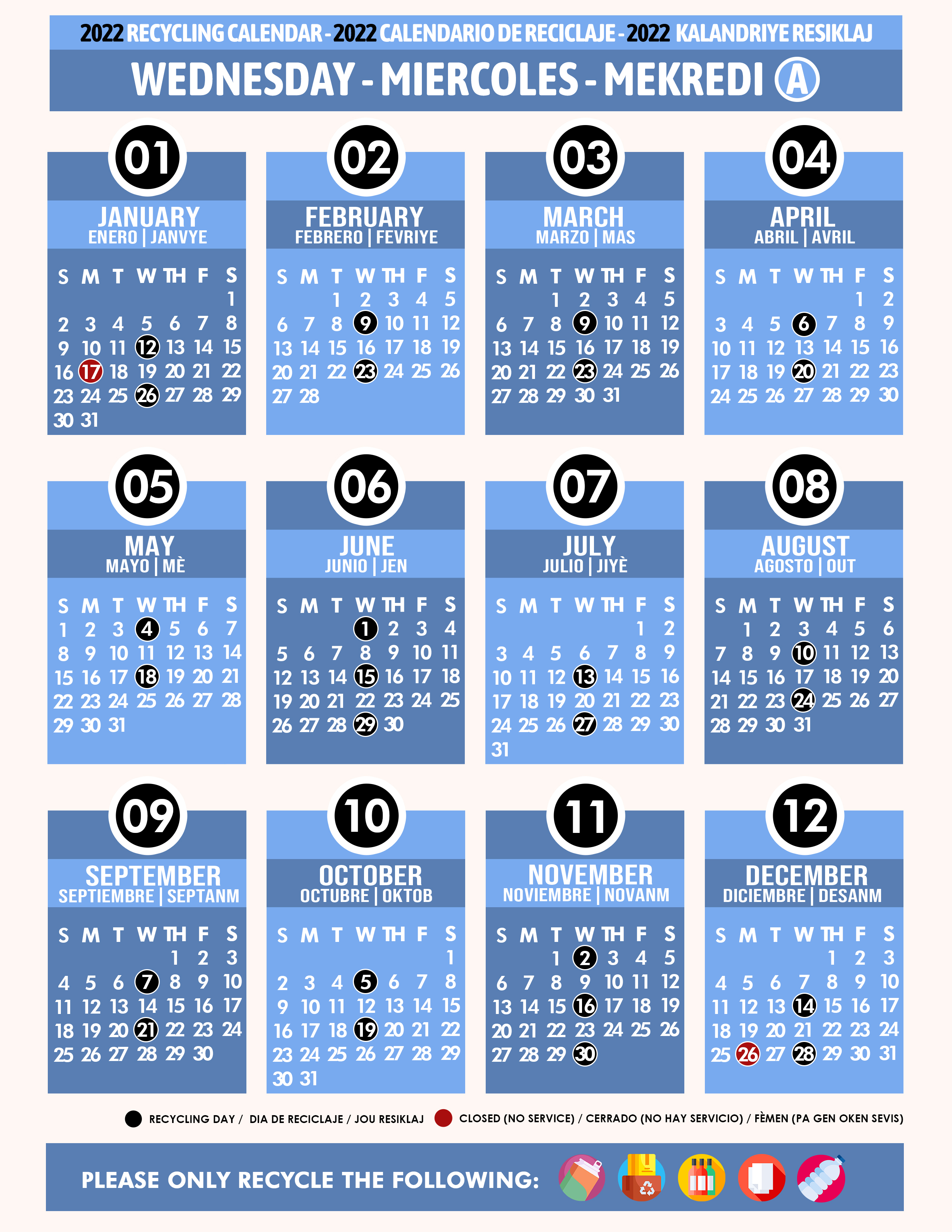Miami Dade Recycling Calendar 2022 Recycling Calendar 2022 Wednesday A Blue - Miami