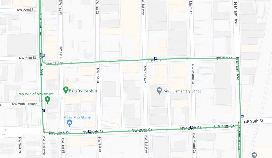 Wynwood trolley detour map. North Miami Ave will be blocked between NW 20th and NW 21st Street. NW 21st street will be blocked between N miami Ave and NW 2nd Ave. Trolly will proceed down NW 20th street and NW 2nd Ave.