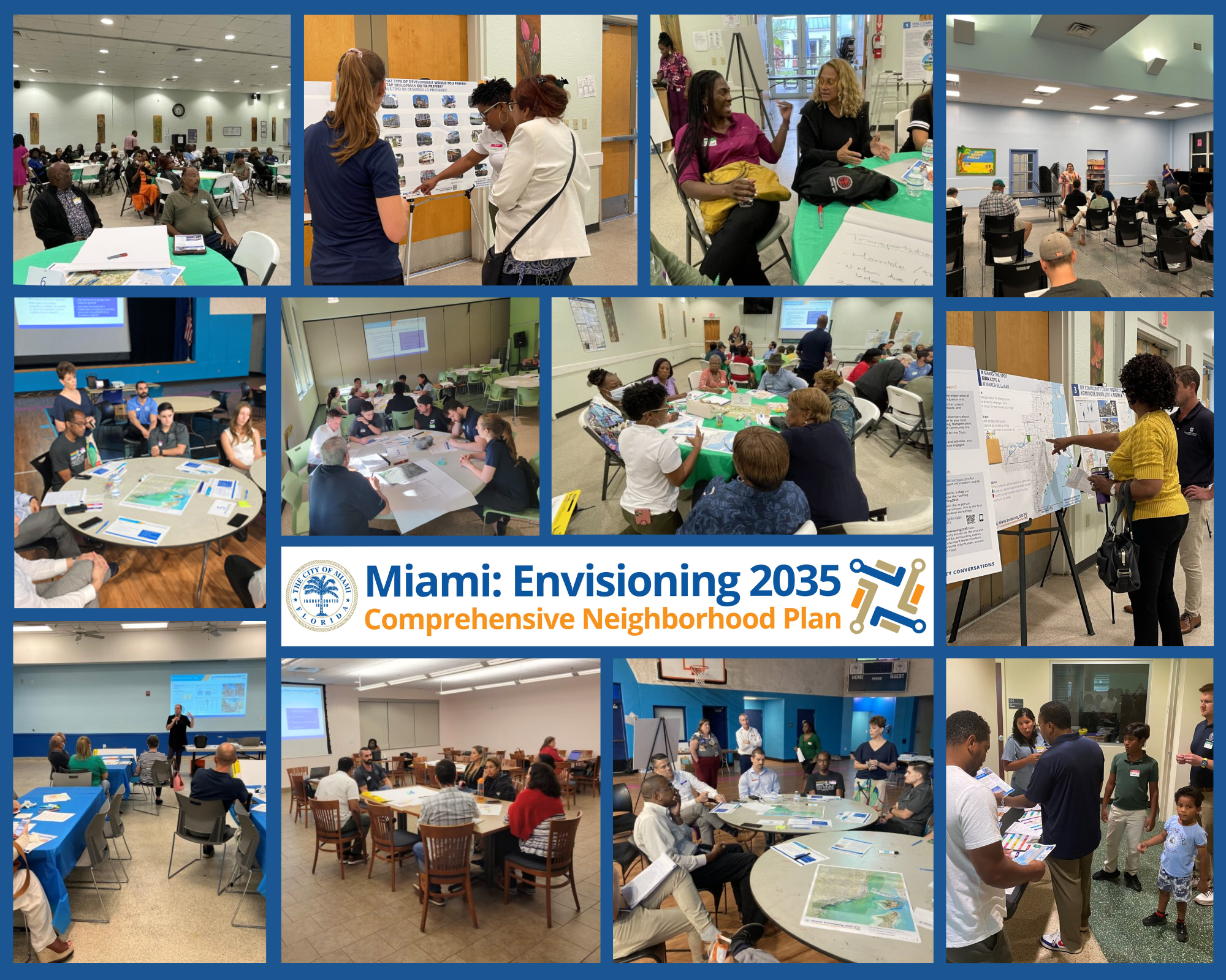 An assembly of 12 photos depicting people of all ages participating in the public outreach meetings for “Miami: Envisioning 2035” with city staff from May through October 2023.